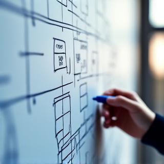 Close-up of a person sketching a complex flowchart on a whiteboard.