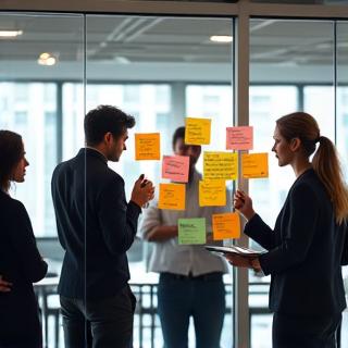 Diverse team in a collaborative workshop, analyzing sticky notes on a glass wall.