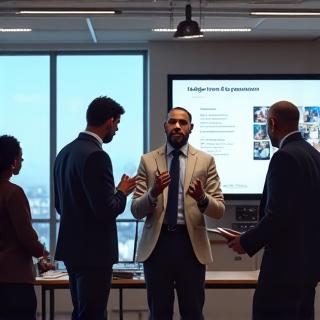 A leader presenting to an engaged group in a modern office.