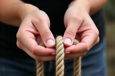 Two hands untangling a complex knot of rope.